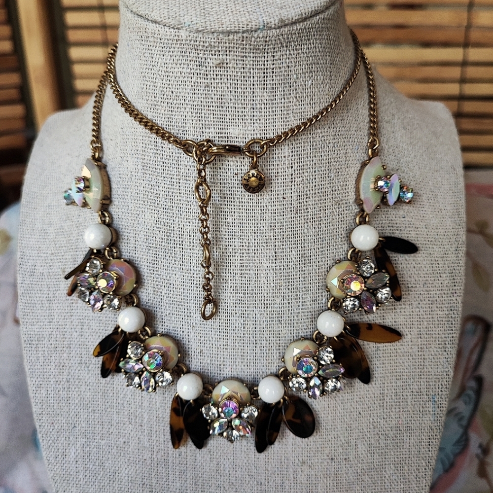 J. Crew Oxidized Brass Tone Art Deco Clear AB Faux Tortoise Statement Necklace